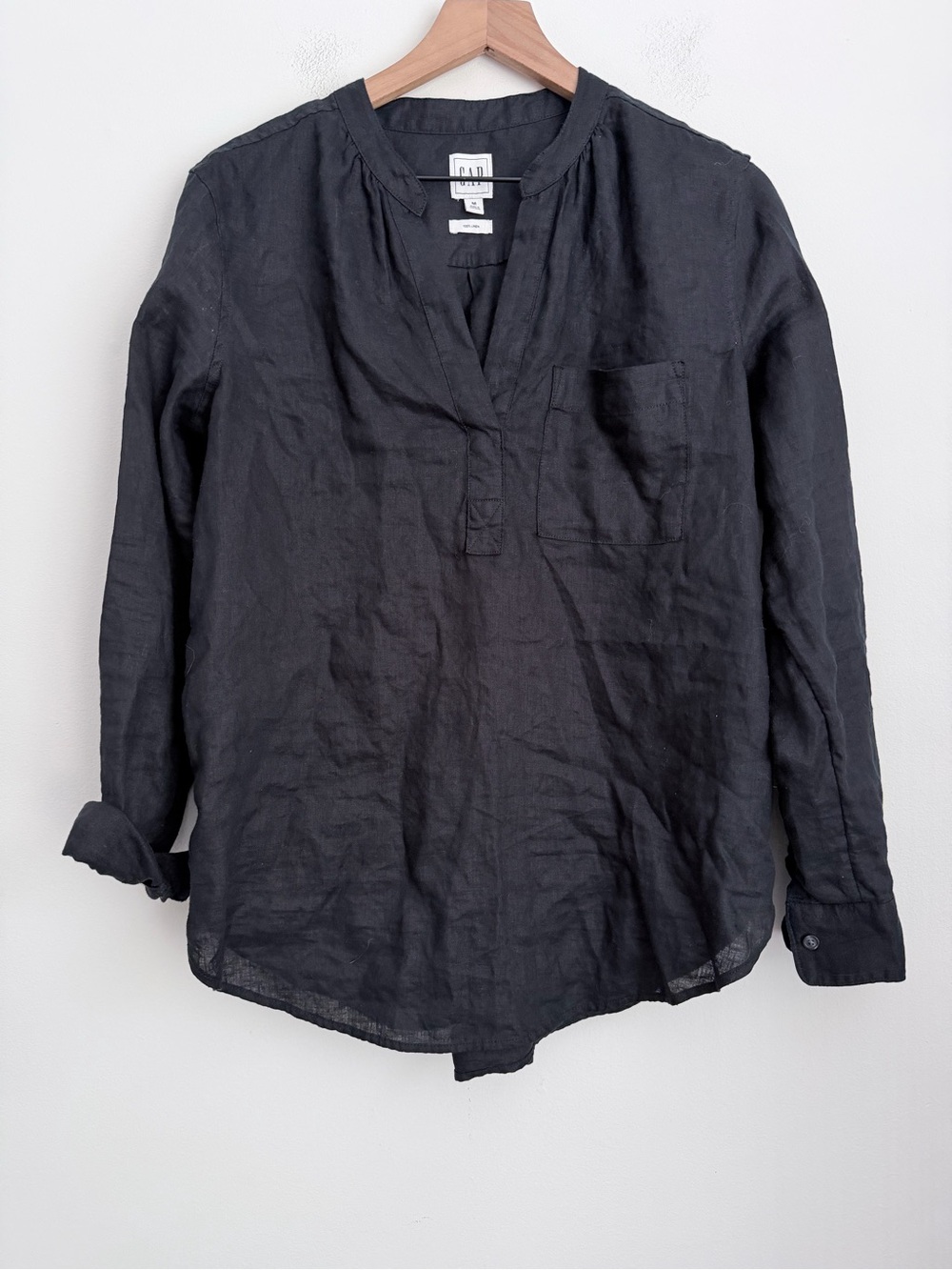 GAP Black Linen popover shirt Blouse long sleeve M - Picture 2 of 6
